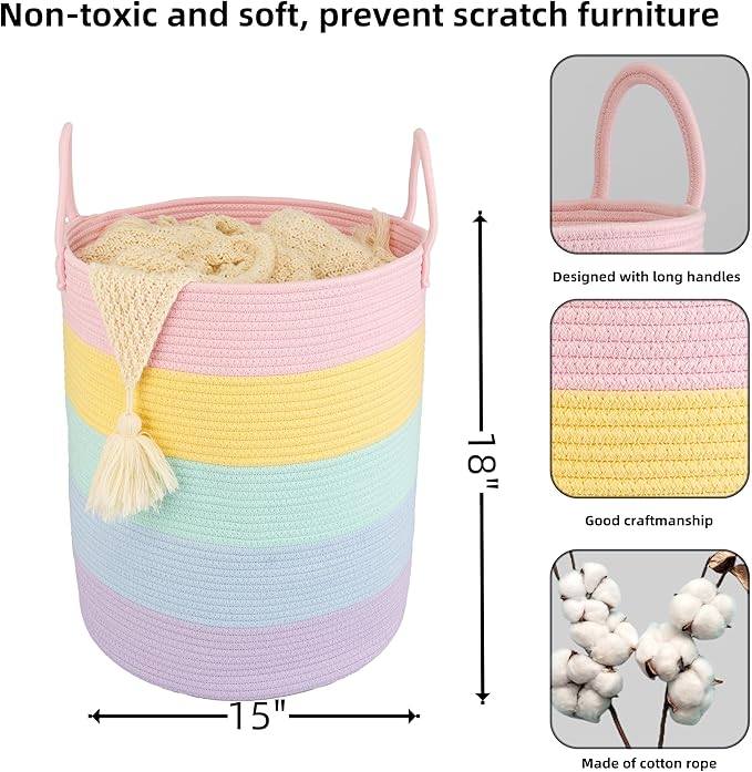 Rope Laundry Basket Hamper for Kids Girl Woven Storage Basket for Living Room Bedroom Boho Tall Baskets for Blanket Toys Pillow Towels Baby Nursery Hamper Bin rainbow