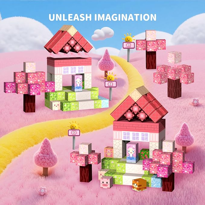 Magnetic Blocks Kid Building Toys - 120Pcs Magnet Cubes Toddler Montessori Sensory STEM Toy for 3-5 4-6 5-7 6-8 Year Old Boys Girls, Build Pink Castle Set