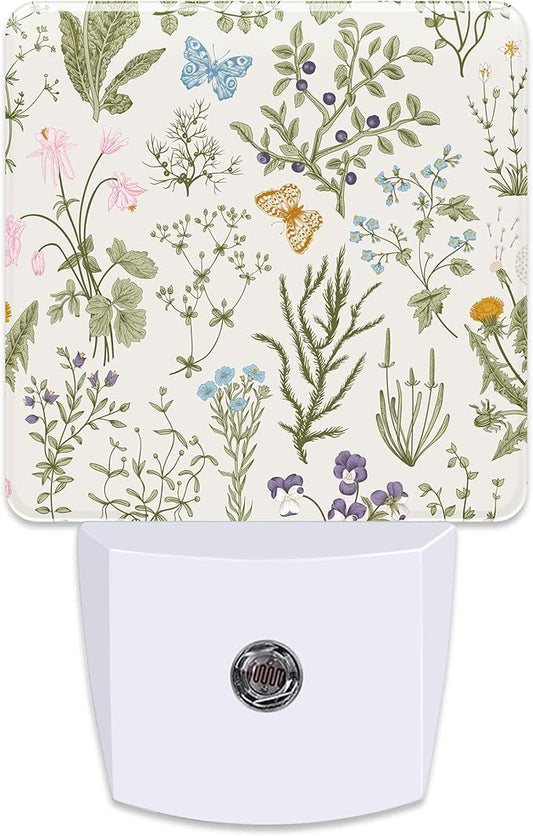 Herbs and Wild Flowers Botanical Plug in Night Light with Auto Dusk to Dawn Sensor,Warm Night Lights for Boys Girls Bedroom Bathroom Hallway Kids Room Gifts