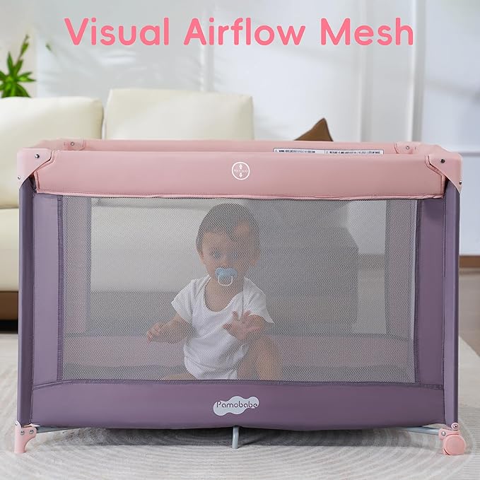 Pamo Babe Portable Playard with Mat Pad and Toy Bar Pink Play Yard for Baby