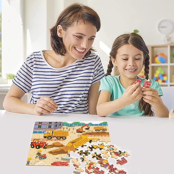 LELEMON 100 Pieces Jigsaw Puzzles in a Metal Box for Kids Age for 4-8 Boys Girls Toy Puzzles Construction Site Vehicles Children Learning Educational Puzzles Toys