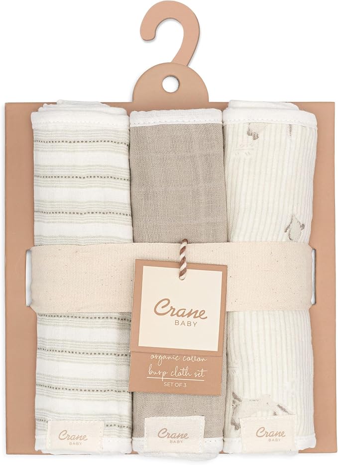 Crane Baby Organic Muslin Baby Burp Cloths, 3-Pack, 100% GOTS Organic Cotton, Absorbent, Lightweight, Machine Washable, Bunny