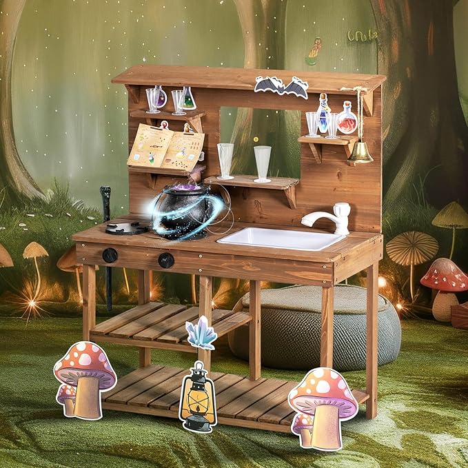 Mud Kitchen Playset for Kids, Wooden Magic Kitchen Set w/Wand, Recipe, Removable Sink, Faucet, Stove, Toddler Outdoor Pretend Play Kitchen, Witch Role Play, Fairy Potion, Gift for Boys Girls