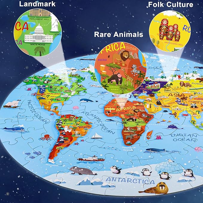 World Map Jigsaw Puzzle for Kids 4-8, 70 Piece Large Round Floor Puzzles for Kids Ages Toddler Puzzle Globe Geography Games Educational Toys Birthday for Children
