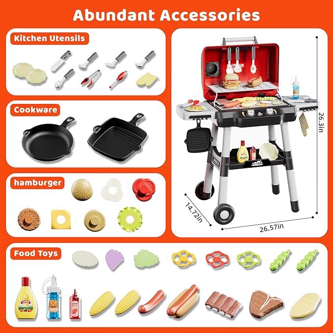 Kids Play Kitchen Toys, Kids BBQ Grill Playset，2-Tier Barbecue Toy with Wheels, Smoke Sound Light, Outdoor Play Food Toys Cooking Set, Birthday Gift for Toddlers 3-5