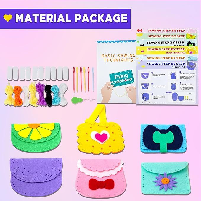 Flying Childhood Soft Felt Sewing Kit for Kids, Sewing My First Purses, Create 6 Simple and Cute DIY Sewing Bag Projects, Birthday Gifts Toys for Girls 4-12 Years Old, Help Improve Fine Motor Skills