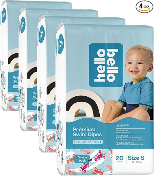 Hello Bello Premium Swim Diapers, Size S (16-28 lbs), Cute Extra-Bright Lobster Designs, 20 Count Jumbo Pack (Pack of 4)