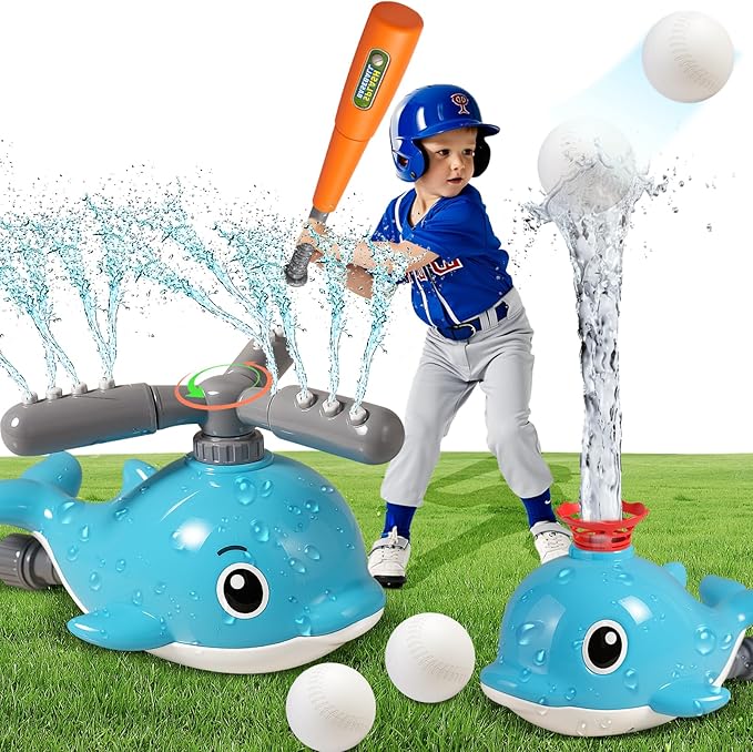 2 in 1 Water Sprinkler Baseball Toy Set for Kids – Whale Shaped Outdoor T-Ball Game & Spinning Splash Toy, Summer Backyard Water Play for Toddlers and Children Ages 3+