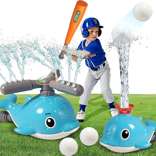 2 in 1 Water Sprinkler Baseball Toy Set for Kids – Whale Shaped Outdoor T-Ball Game & Spinning Splash Toy, Summer Backyard Water Play for Toddlers and Children Ages 3+