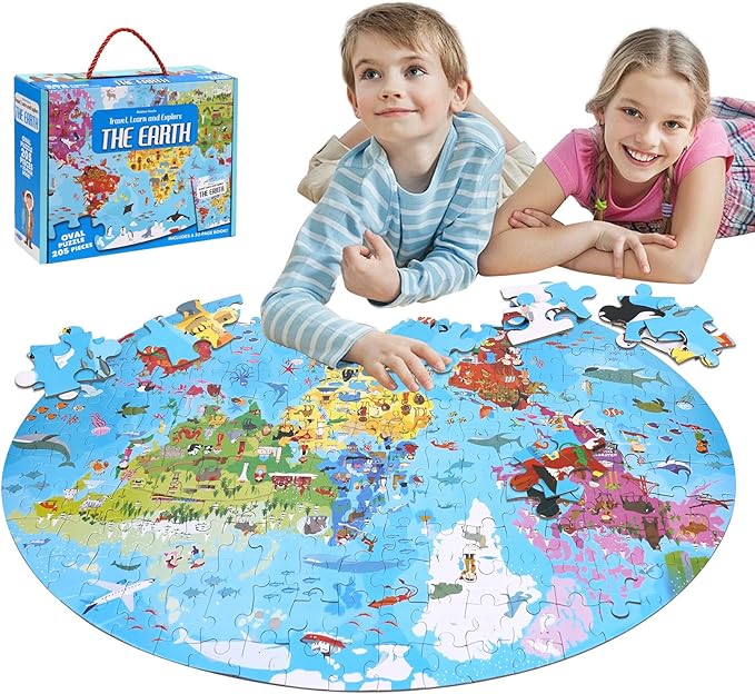 World Map Puzzle for Kids & Adults - 205 Piece World Map Jigsaw Puzzles Floor Puzzles Toddler Geography Educational Toys for Boys and Girls, Globe Atlas Puzzle Maps for Kids Learning Games