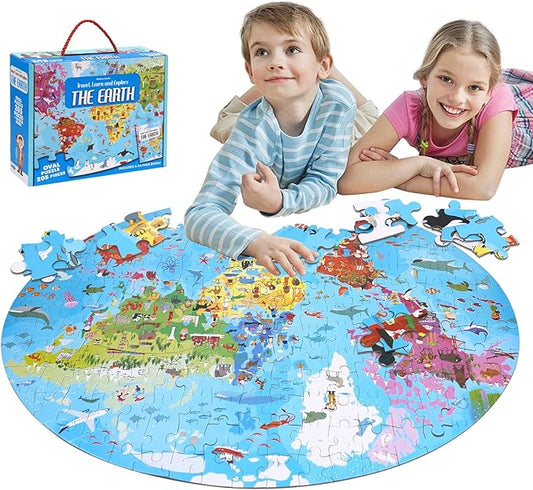 World Map Puzzle for Kids & Adults - 205 Piece World Map Jigsaw Puzzles Floor Puzzles Toddler Geography Educational Toys for Boys and Girls, Globe Atlas Puzzle Maps for Kids Learning Games