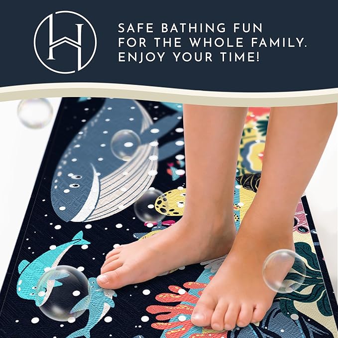 Homerella Baby Bath Tub Mat | Anti Mold Mildew Resistant Non Slip Kids and Adult Bath Tub Shower Mats | 40x16 inch Long with Suction Cups for Secure Grip Hooks for Storage & Drying | Machine Washable