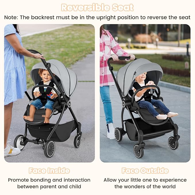 BABY JOY Baby Stroller, Foldable Toddler Stroller with Reversible Seat, Adjustable Backrest/Canopy/Handle/Footrest, Storage Basket, Suspension Wheels, Aluminum Frame (Gray)