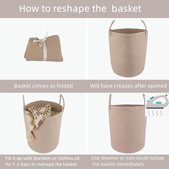 Cotton Rope Laundry Basket Hamper for Clothes Woven Storage Basket for Living Room Bedroom Boho Tall Rope Baskets for Blanket Toys Pillow Towels Baby Nursery Hamper Bin Konjac