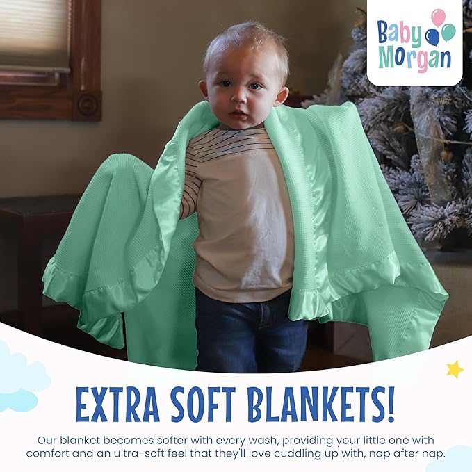 Blankets - Thermal Waffle Warm Baby Blanket for Crib - Soft and Cozy Baby Crib Blanket for Nursery, Stroller, or Naptime Comfort - Ideal Shower Gift - Mint Green, Satin Trim (36" x 50")