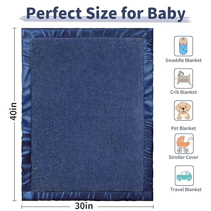 Pro Goleem Fleece Baby Blankets for Boys with 2 Inch Satin Trim, Super Soft Plush Receiving Blanket for Infant Toddler Newborn, Cozy 30x40 Inch Crib & Stroller Blanket (Navy Blue)