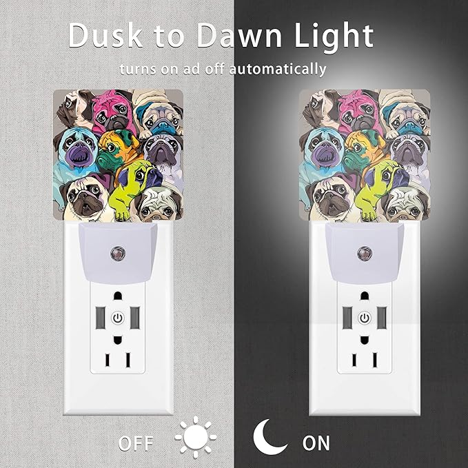 Dog Night Light,Colorful Pugs Dogs Night Lights Plug into Wall with Dusk to Dawn Light Sensors 0.5W Dim Lamp for Bedroom