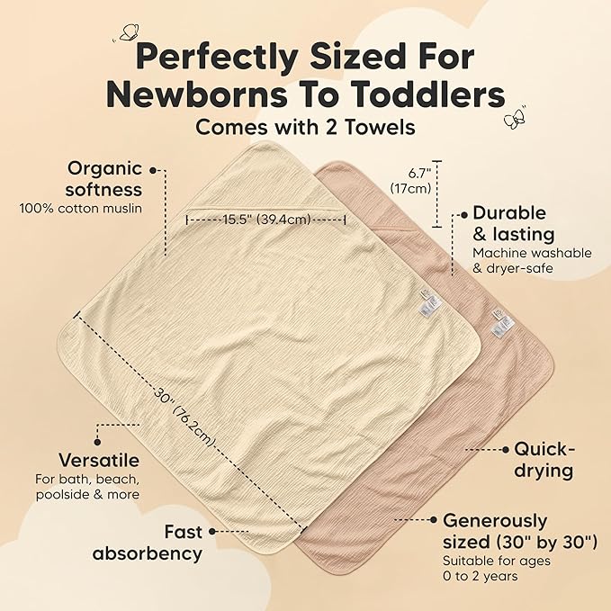 KeaBabies Muslin Hooded Baby Towels for Newborn Girls, Boys - 2-Pack, 30x30 Organic Cotton Baby Bath Towels Hooded, Soft Absorbent, Toddlers, Kids, Infant, Newborn Bath Essentials (Almond, Petite)