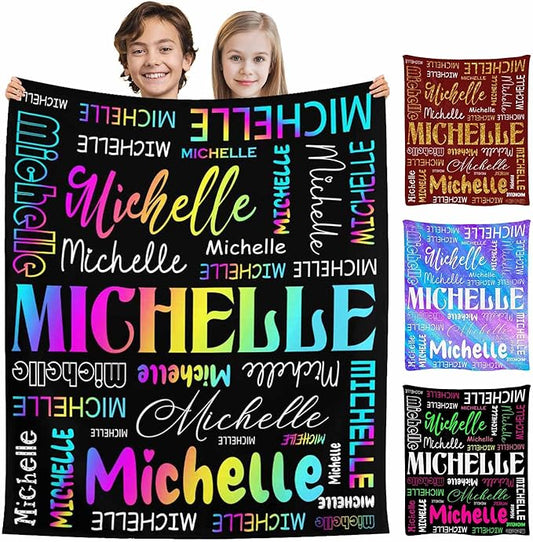 M YESCUSTOM Custom Name Blankets for Kids, Personalized Baby Blankets for Girls Boys Adult Toddler Customized Soft Throw Blanket Birthday Christmas Valentines Day Colorful Black