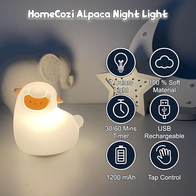 Alpaca Night Light – Silicone Rechargeable Touch-Controlled Dimmable RGB Lamp with Adjustable Brightness & Multiple Color Modes – Ideal for Kids' Nursery, Bedroom, and Bedtime Décor