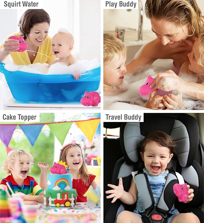 DolliBu Hippo Bath Buddy Squirter - Floating Pink Hippo Rubber Bath Toy, Fun Water Squirting Bathtime Play For Toddlers Cute & Soft Wild Life Animal Toy For Bathtub, Beach and Pool for Girls and Boys