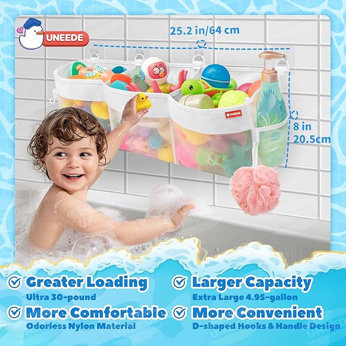 UNEEDE 3 Compartment Horizontal Bath Toy Organizer for Tub,Extra Large Capacity 4.95 Gallons Bath Toy Storage Holder,Mesh Quick Dry Bathtub Storage and Organizer,Easy Access Baby Bathtub Holder