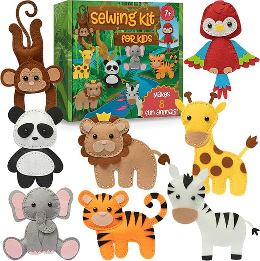 Craftorama Sewing Kit for Kids, Fun and Educational Wild Animal Craft Set for Boys and Girls Age 7-12, Sew Your Own Felt Animals Craft Kit for Beginners, 165 Piece Set