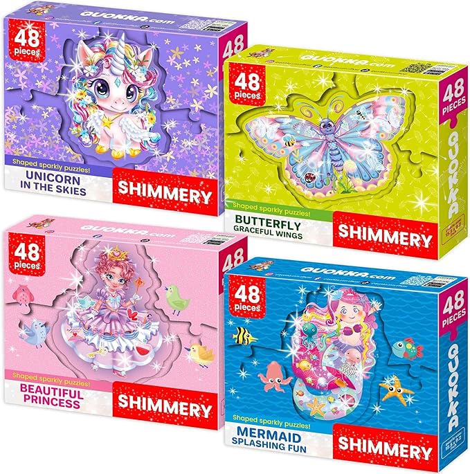QUOKKA Shimmer Puzzles for Kids Ages 4-6 – 48 Piece Shaped Jigsaw Puzzles for Toddlers 3-5 – 4-Pack Princess, Mermaid, Butterfly & Unicorn Children's Game Ages 4-8 – Unique Gift Toy for Preschoolers