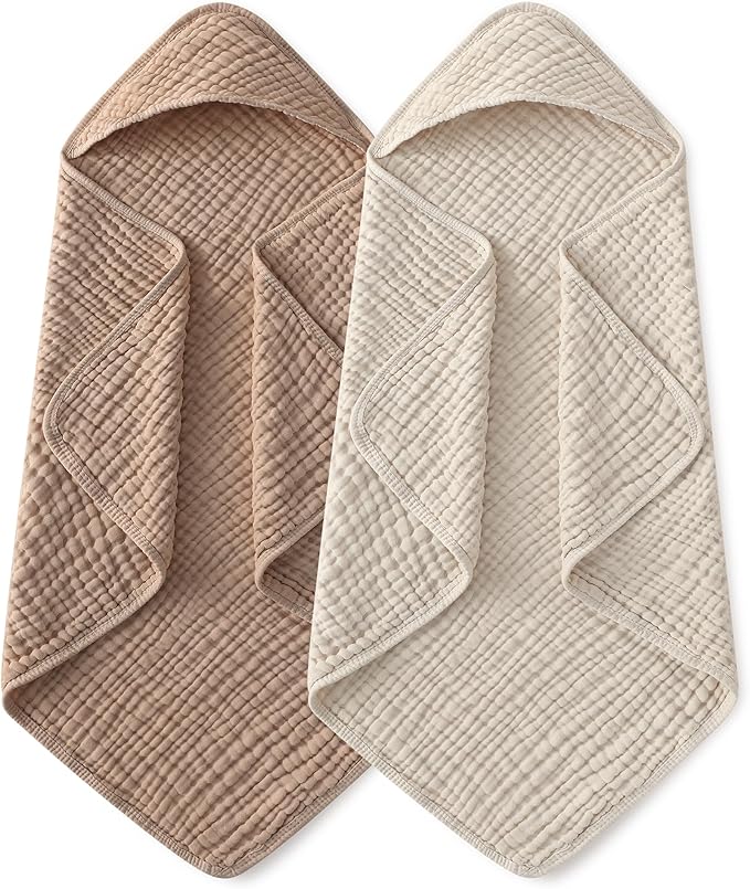 Yoofoss Hooded Baby Towels for Newborn 2 Pack 100% Muslin Organic Cotton Baby Bath Towel with Hood for Babies, Infant, Toddler and Kids, 37.5“x37.5“, Soft and Absorbent Newborn Essential, Beige&Coffee