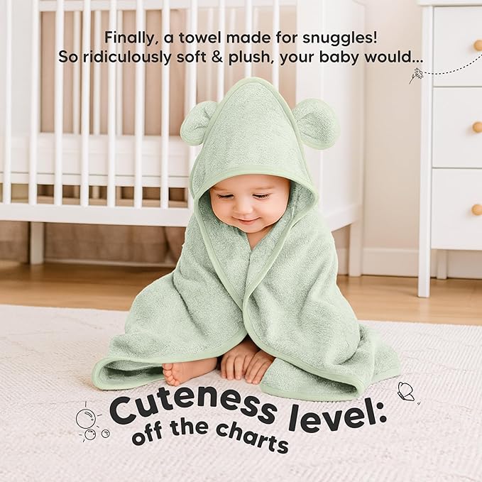 KeaBabies 2-Pack Hooded Baby Towels for Newborn - 30x30 Soft & Absorbent Viscose from Bamboo Baby Bath Towels with Hood for Infant, Toddler,Kids,Boys Girls,Newborn Bath Essentials (Sage, Petite)