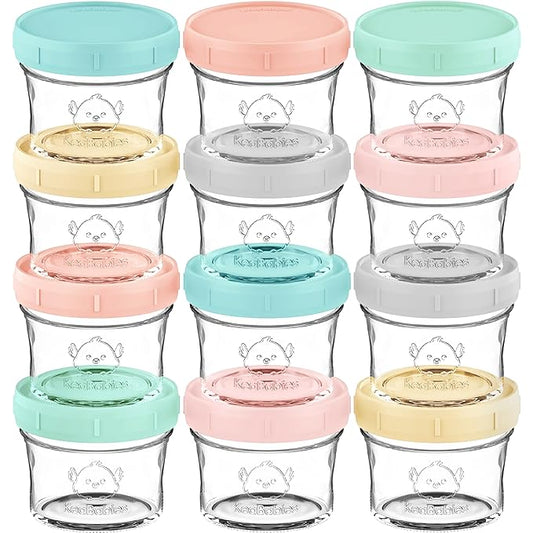 KeaBabies 12pk 4oz Glass Baby Food Containers with Lids - Leak-Proof, Microwavable Small Glass Jars, Baby Purees & Toddler Snack Storage Containers, BPA-Free, Dishwasher & Freezer Safe (Pastels)