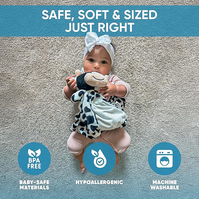 Baby Sleep Soother Black & White Cow Plush with Heartbeat & Lullaby Sounds, 4-in-1 Sound Machine, Security Blanket & Pacifier Holder, Baby Registry Essential & Christmas Gift for Newborns & Infants