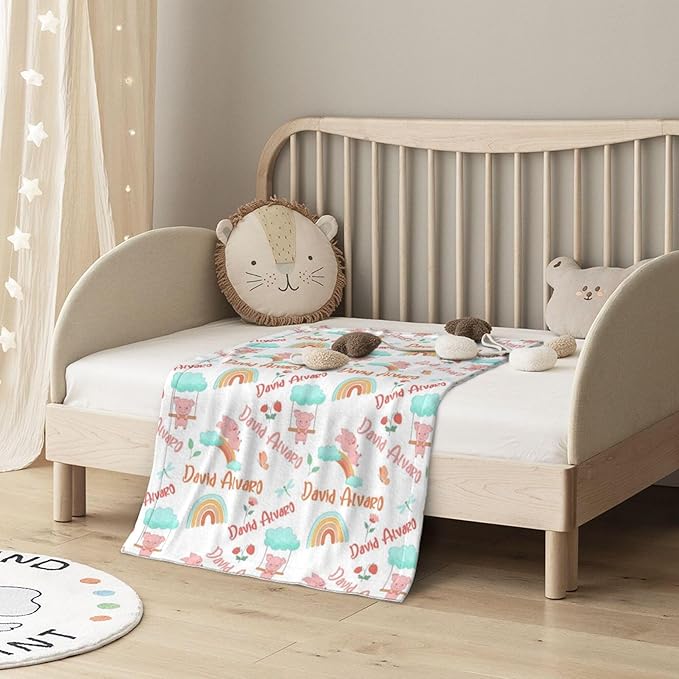 Ship Next Day Personalized Baby Blanket, Printed in USA - Custom Name Toddler Blanket with Pig Pattern, Personalized