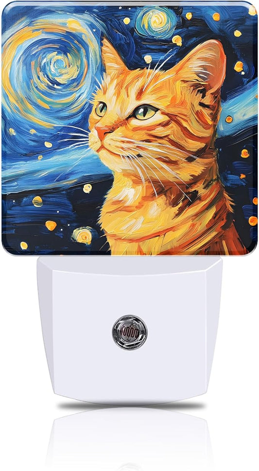 Night Light Orange Cat Watching Starry Night Night Lights Plug into Wall Smart Dusk to Dawn Sensor 0.5W Energy Efficient Led Lamp for Men Women Bedroom Bathroom Hallway Stairway Decor