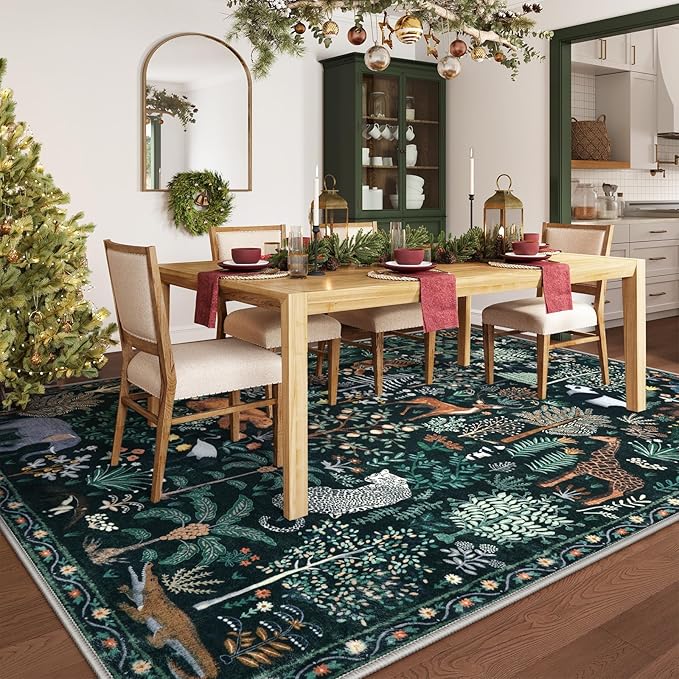 OJIA Jungle Print Nursery Rugs 8x10 Kids Room Rugs for Living Room Playroom, Green Soft Bedroom Rug Washable Area Rugs 8x10, Modern Dining Room Rug Stain Resistant Floor Carpet for Office, Green