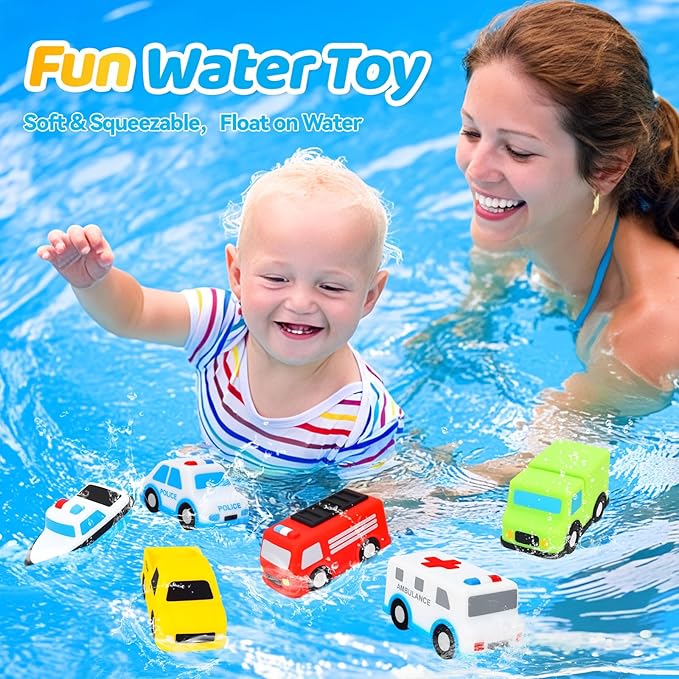 Silicone Cars Bath Toys for Toddlers, Christmas Birthday Gifts Age 1+, 6 Pack No Hole Bath Toys Design Keeps Moisture Out, Vehicles Play Set for Little Boys Girls Kids Christmas Stocking Stuffers
