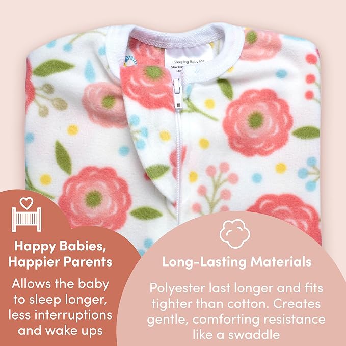 SleepingBaby Zipadee-Zip Transition Swaddle - Cozy Fleece Wearable Blanket with Two-Way Zipper for Baby Sleep - Pretty Poppy, X-Small (3-6 Month)