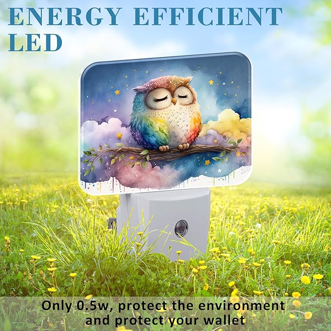 Cute Watercolor Sleeping Owl Night Light for Kids Girls Boys, Cartoon Owl LED Night Light Plug into Wall with Dusk to Dawn Sensor for Bedroom, Hallway, Kitchen, Bathroom, Stairs Decor