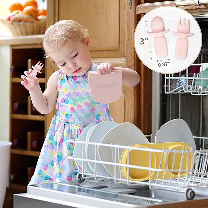 Silicone Foldable Novelty Dinner Plates,Baby Plates Travel Essential with Forks and Spoons,Microwave & Dishwasher Safe,Blush