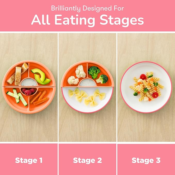Omie® Easy Scoop Plates for Kids | Unique Design Helps Food Fall into the Spoon, Not on the Table | Made from Plants | 3 Plates + 2 Silicone Dividers | Pink