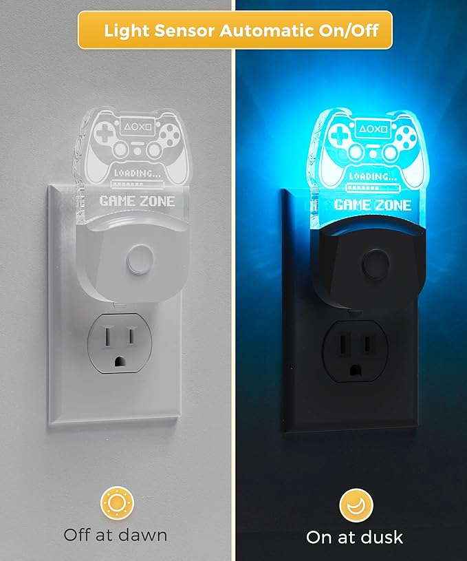 LED Game Sign Gamepad Shape Night Light, Plug in Night Light with Multi Color Personalized, Dusk to Dawn Sensor, Ideal for Boys, Game's Room Decor, Bedroom