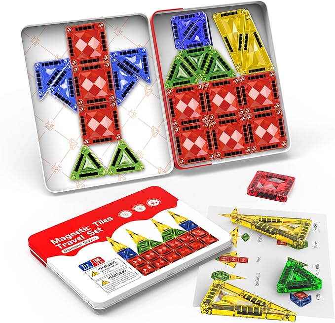 Mini Magnetic Tiles for Kids Ages 3-8, Travel Magnetic Building Blocks with Metal Storage Box, STEM Educational Toys, Montessori Sensory Learning Toys for Toddlers, Boys & Girls Gift