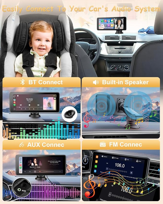 25HOURS YJ1 Baby Car Camera - 6.86" HD Car Baby Monitor Touchscreen with Apple CarPlay, 1080p Ultra IR Night Vision, 150° Wide Angle, Split Screen, 3X Zoom, GPS Navigation,FM,Siri, Plug-and-Play