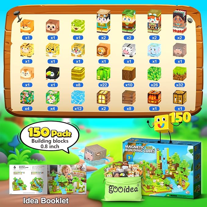 150 Magnetic Blocks – Mine Magnet Game Building Craft, STEM Constructions Toy, Jungle Adventure, Sensory Stacking Cubes Kids Toys, Christmas Birthday Gifts for Boys Girls Age 3-5, 5-7, 4-8, 8-12