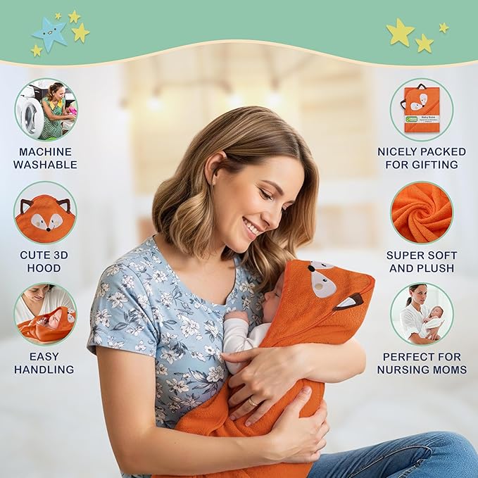 Mother's Choice Organic Baby Hooded Towel Ultra Soft & Absorbent Bath Wearable for Newborns, Infants, 3D Orange Fox Design