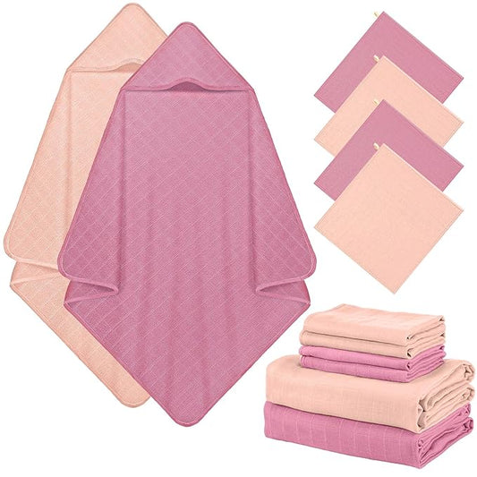 Preboun 6 Pcs Muslin Hooded Baby Towels and Washcloths 32"x 32" Cotton Newborn Bath Towel Anti-Shrink Infant Baby Blankets with Hood 12"x 12" Washcloths for Girl Boy Toddler(Pink,Dark Purple)