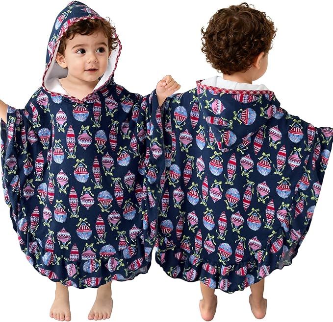 VOOVA & MOVAS Hooded Towel Poncho for Toddler with Ruffle Trim | Soft 100% Cotton | Absorbent Thick Towel for Bath, Swim, Beach & Winter | Cozy, Christmas Lamp