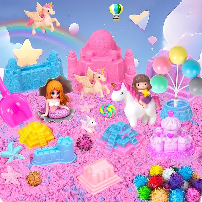 Unicorn Sensory Bins for Toddlers,Sensory Toys Play Sand Art Kit with Sandbox & Sand Castle Molds & Tools,Unicorn Sensory Toys Christmas Birthday Gift for Girls Toddler Ages 3 4 5 6 7 8 (Unicorn)