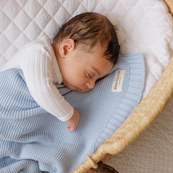 Organic Cotton Heritage Knit Receiving Blanket for Boys - 100% Luxury Soft Organic Cotton - Warm Cozy Swaddle Cuddle Blanket for Newborns Infants & Toddlers (0-2Yrs - Sky Blue)