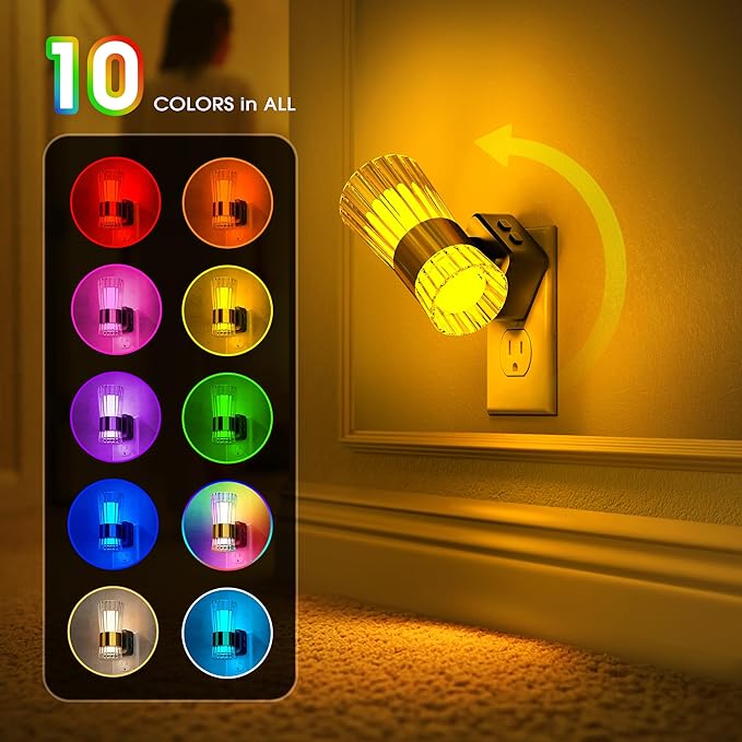 Night Light, Night Lights Plug into Wall, RGB Color LED NightLight with Dusk to Dawn Sensor, 180° Rotating Night Lights, Adjustable Brightness, Wall Sconce Style Design for Bedroom Hallway, 2 Pack